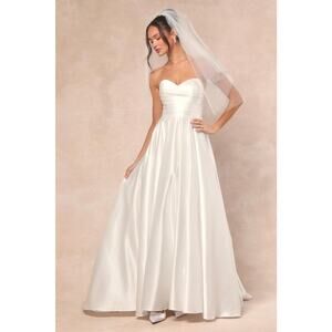 NWT Lulus Khalida White Satin Pleated Strapless Gown Wedding Bridal Dress Sz XS
